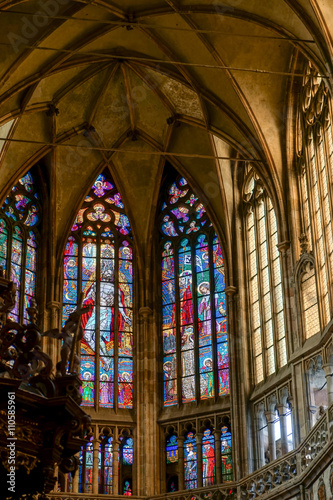Stained glass window in St Vitus Cathedral in Prague © philipbird123