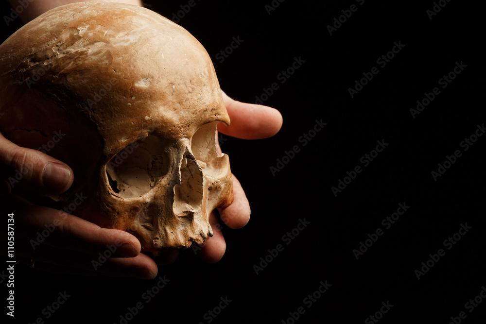hand holding a skull is isolated on black background hand holding a skull is isolated on black background