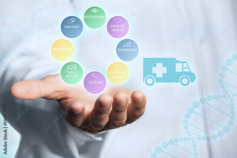 Doctor hand and medicine icons. Medical technology concept Doctor hand and medicine icons. Medical technology concept