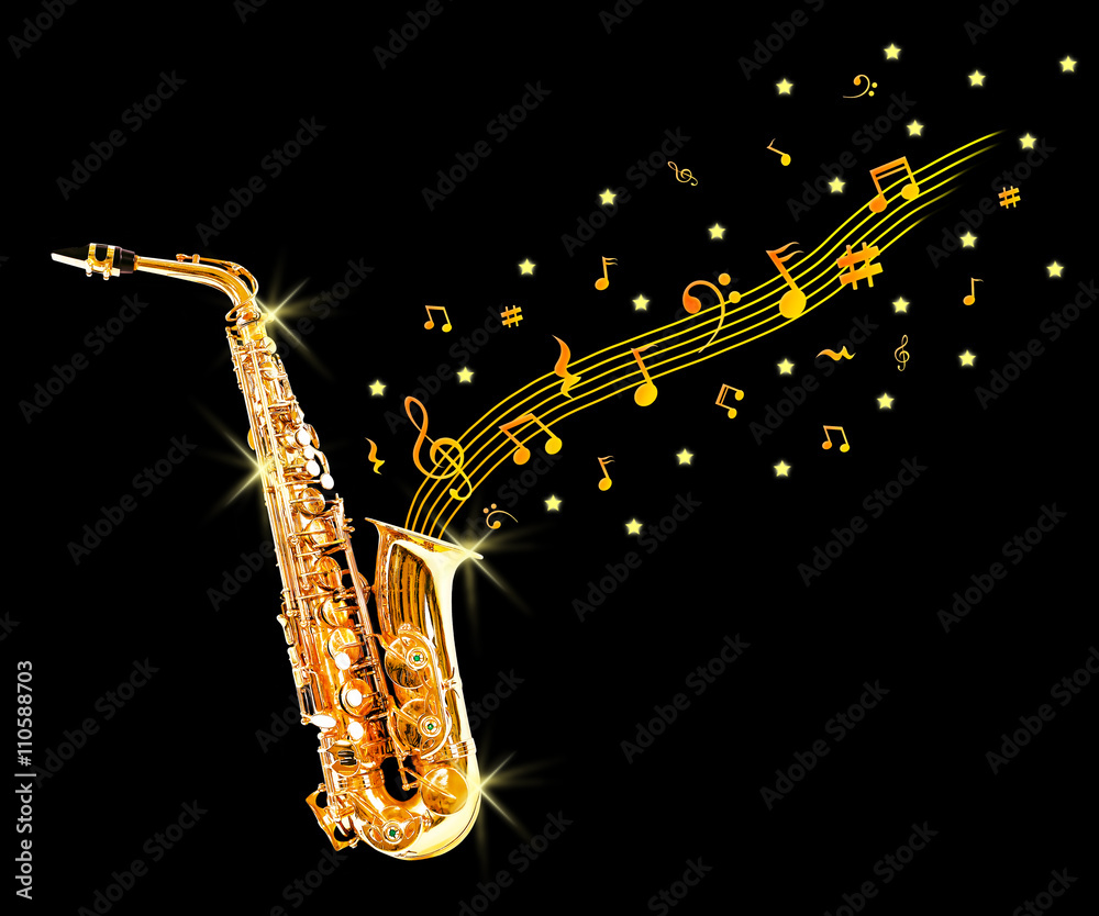 Naklejka premium Golden saxophone and notes on black background