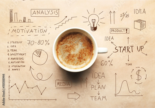 Fototapeta Cup of coffee and drawing business strategy