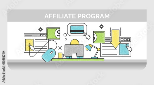 Scribble header horizontal banner illustration for internet affiliate program. Icon illustrations for web traffic onversion sequence from the point of the user.