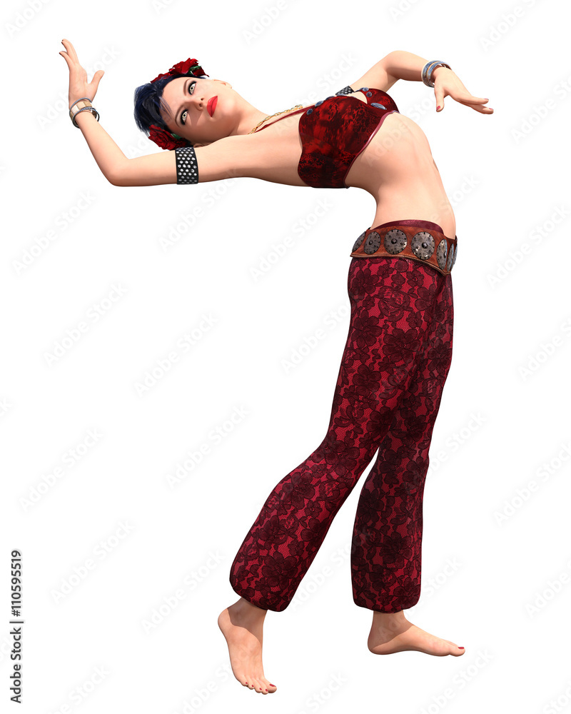 Young beauriful girl dancing tribal fusion belly dance isolated. 3d  illustration. Stock Illustration