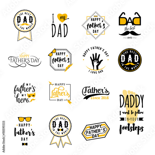 Happy fathers day wishes overlays, lettering labels design set. Retro father badges. Hand drawn emblems with tie, mustache, glasses, hand. Isolated sign or logo for photo greeting web, print.