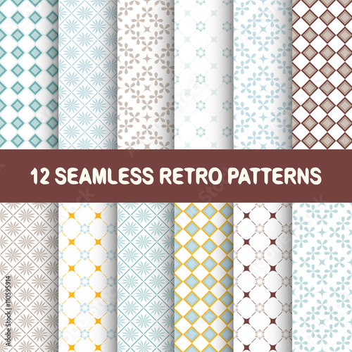 Set of 12 seamless vector retro geometric pattern. Templates for