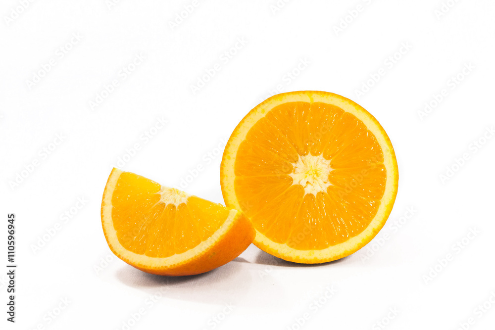 Sliced orange fruit with leaves isolated on white background Sliced orange fruit with leaves isolated on white background