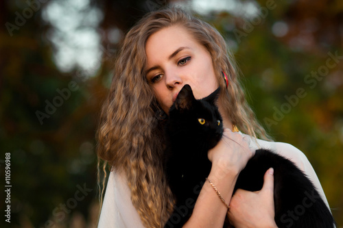 Photography Nice,pretty,lovely,cute,careful,beautiful,attractive blondie,blonde girl,girl with light,wavy,long,curly hair with cat,black cat