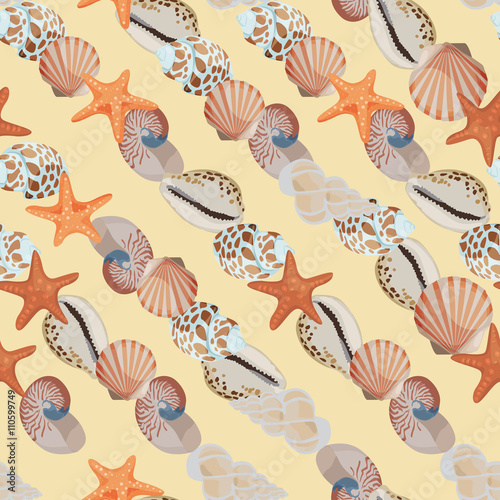 Seamless colorful background with sea shells placed diagonally