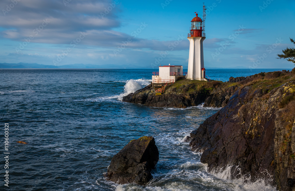 Sheringham Lighthouse on Vancouver Island British Columbia Canada on a beautiful spring morning.