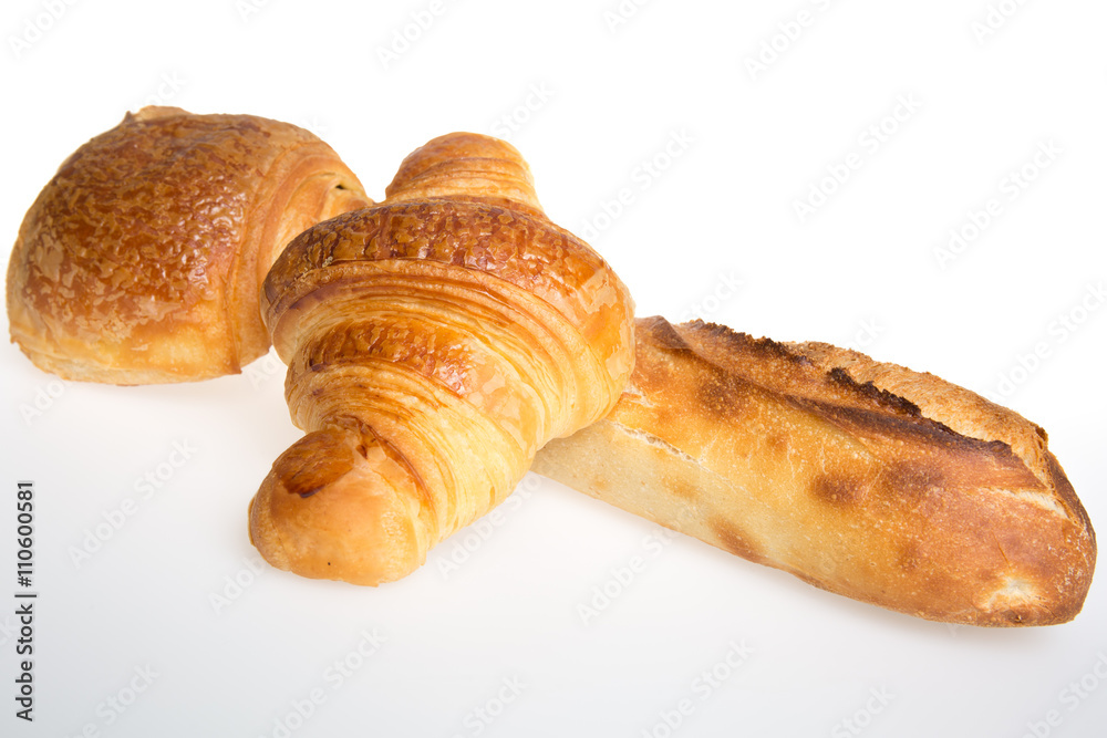 French bakery products with chocolate and bread isolated on white background French bakery products with chocolate and bread isolated on white background