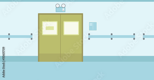 Background of hospital corridor with closed doors.