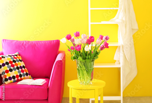 Design interior with beautiful fresh tulips