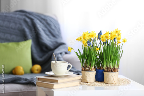 Blooming narcissus flowers with books and cup of tea on table, indoors