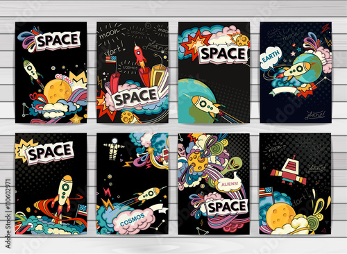 Cartoon vector illustration of space. Moon, planet, rocket, earth, cosmonaut, comet, universe. Classification, milky way. Hand drawn. Comics cosmos.