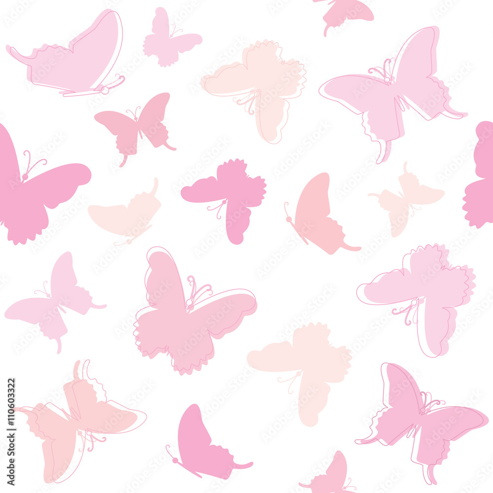 Cute seamless pattern with butterflies in pastel pink.