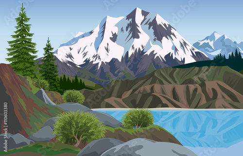A lake is in mountains. Vector landscape.
