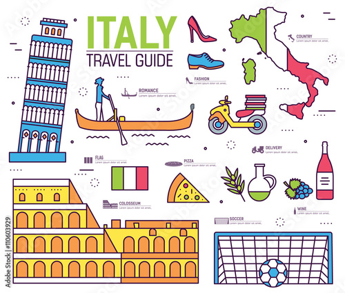 Country Italy trip guide of goods, places in thin lines style design. Set of architecture, fashion, people, items, nature background concept. Infographic template for web and mobile on vector