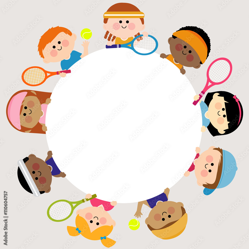 Round blank banner and children tennis players. Vector illustration