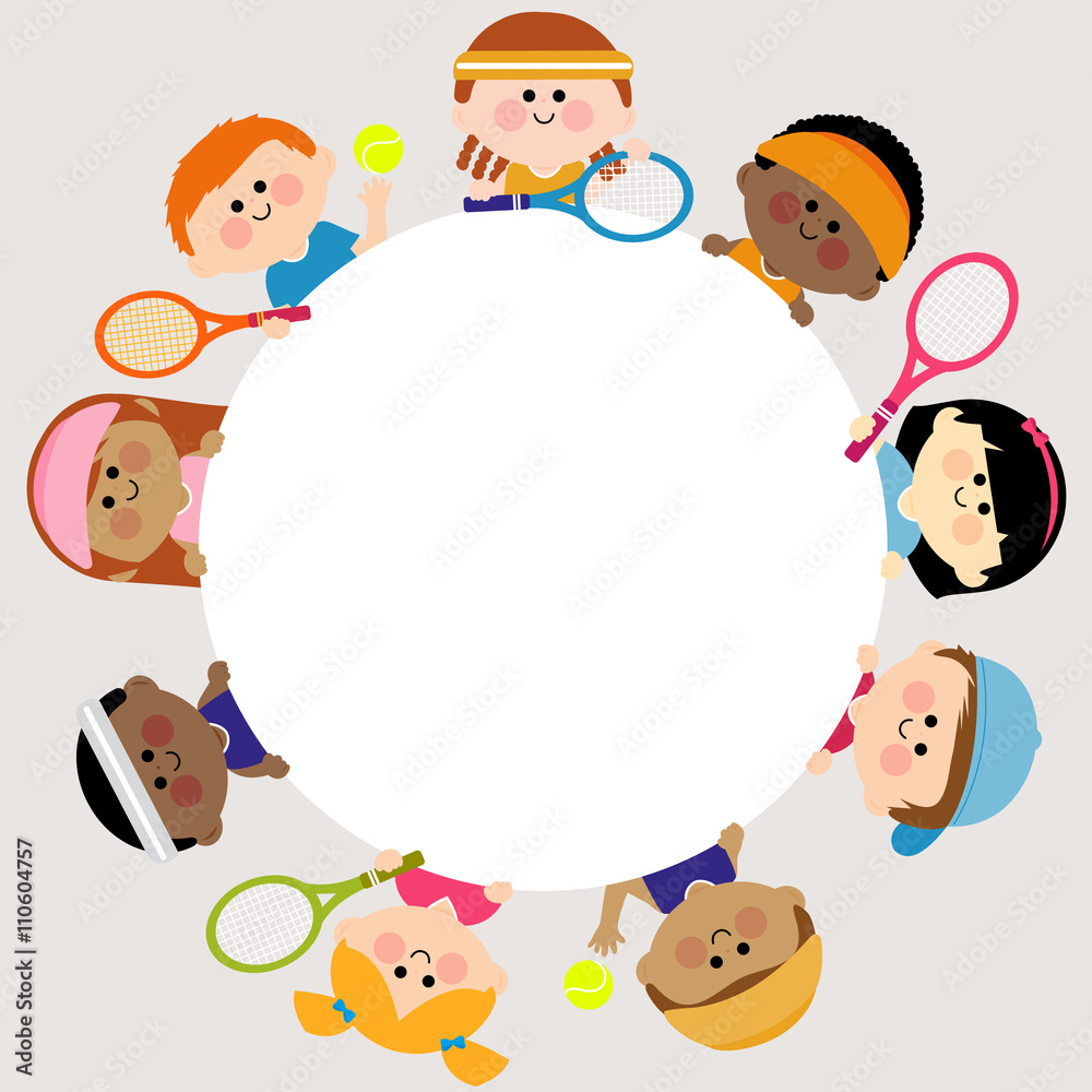 Round blank banner and children tennis players. Vector illustration Round blank banner and children tennis players. Vector illustration