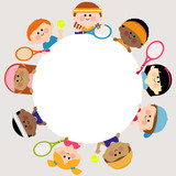 Round blank banner and children tennis players. Vector illustration