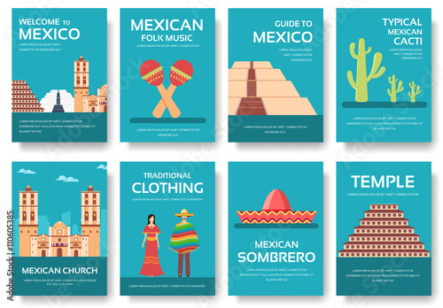 Country Mexico travel vacation guide of goods, places and features. Set of architecture, fashion, people, items, nature background concept.
