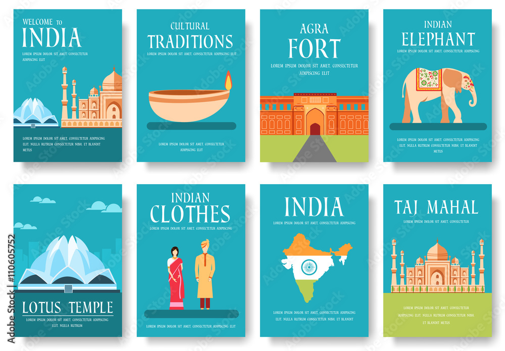 Country India travel vacation guide of goods, places and features. Set of architecture, fashion, people, items, nature background concept