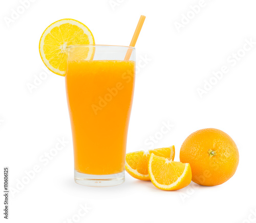 Full glass of orange juice on white background