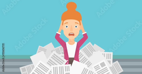 Woman in stack of newspapers.