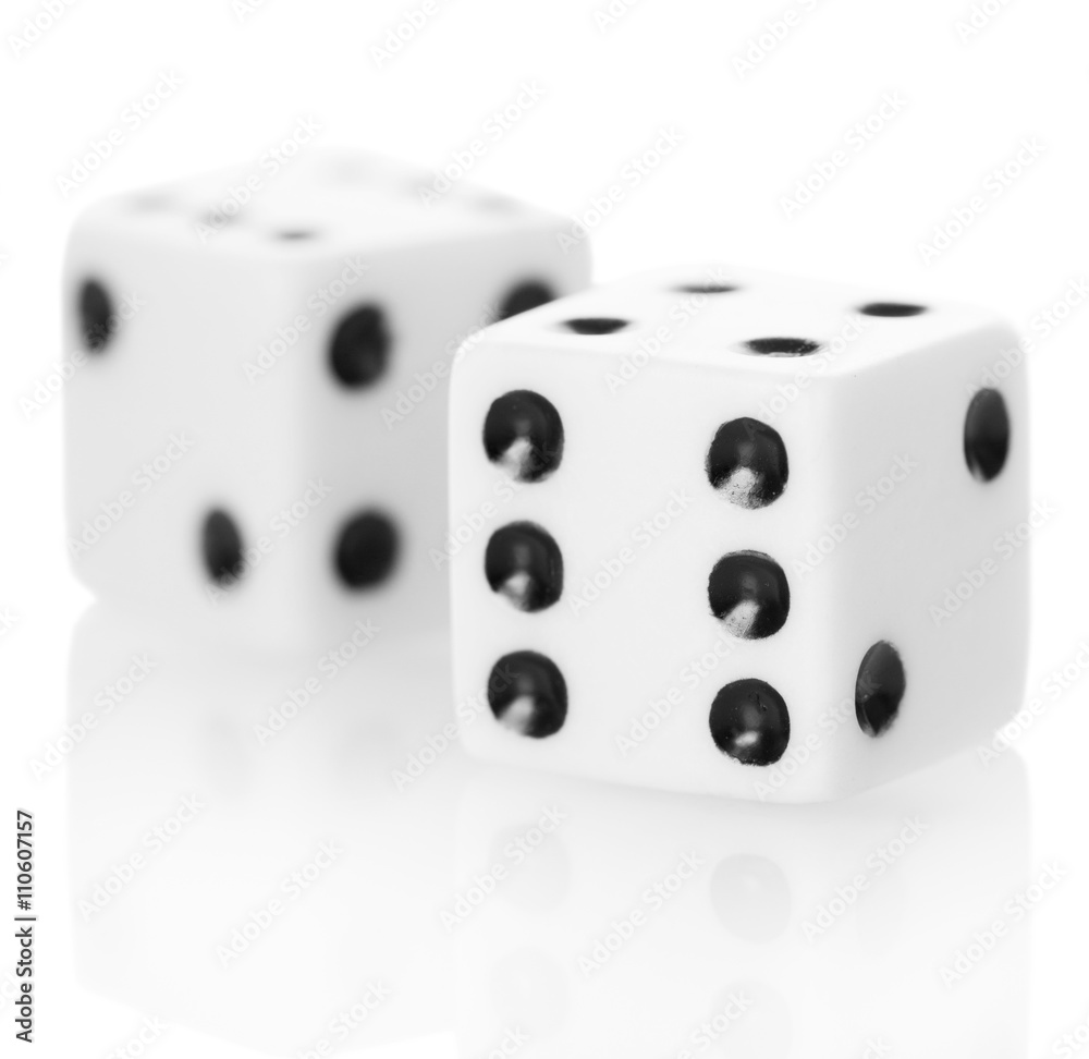 Macro two dice game isolated on white background Macro two dice game isolated on white background