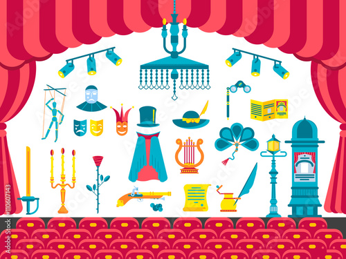 Collection of theater icons items design. Performance Interior with any elements set. Entertainment drama, tragedy or comedy illustrations vector background