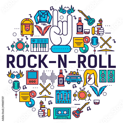 ROCK N ROLL circle outline icons collection set.  Music equipment linear symbol pack. Modern template of thin line icons  logo  symbols  pictogram and flat illustrations 
