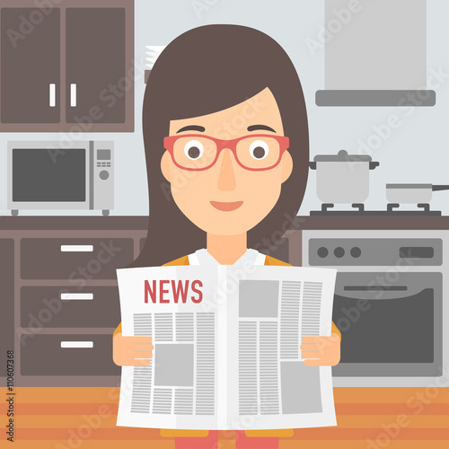 Woman reading newspaper.