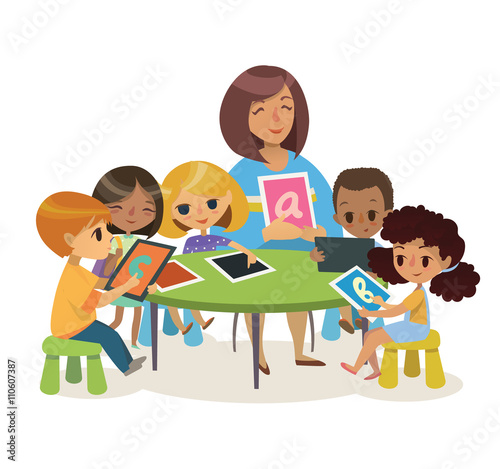 Group of Happy Children and Tiitor with tablets sitting on a desk. School lesson illustration. Preschool lesson. Contemporary education using the devices. Vector. Isolated.