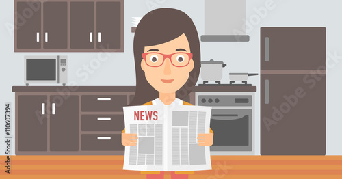 Woman reading newspaper.