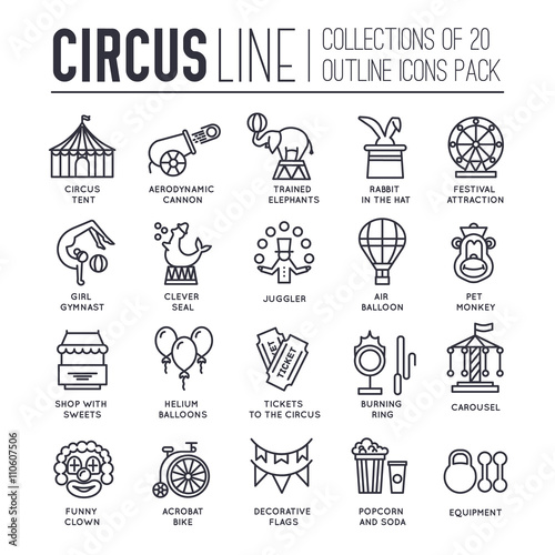 Premium quality circus outline icons collection set.  Festival linear symbol pack. Modern show template of thin line icons, logo, symbols, pictogram and flat