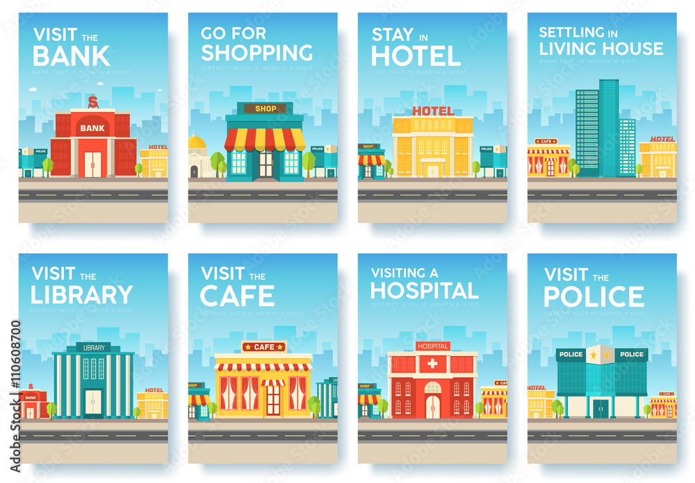 Naklejka premium Building city information cards set. Architecture template of flyear, magazines, poster, book cover, banners. Construction infographic background. Layout illustrations modern pages