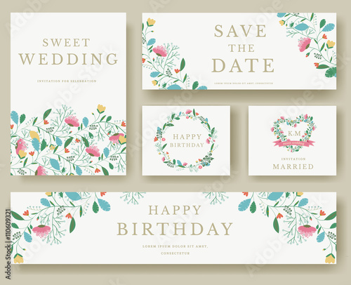 Set of flower invitation cards. colorful greeting wedding invitation card illustration set. Wedding vector design concept 