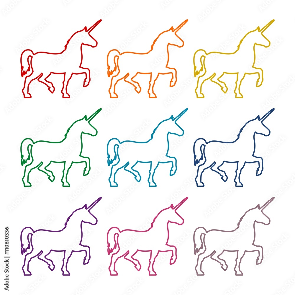 Silhouette of Unicorn Horse line icons set