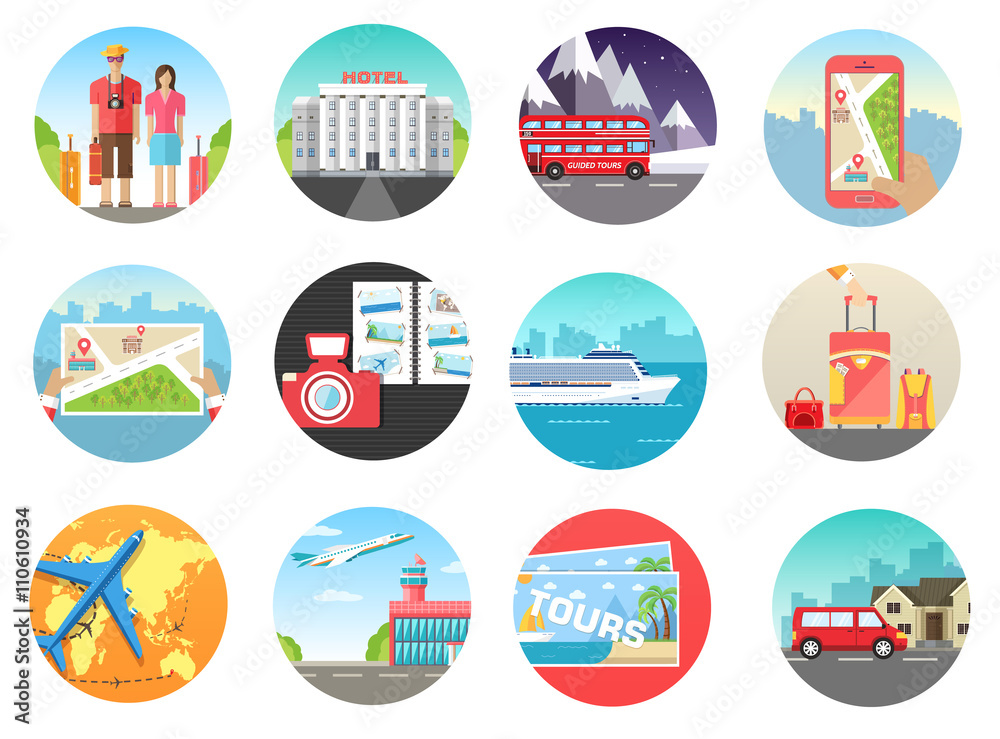 Set of travel vacation tour trip on the water, on land, in the air. Travel  background. Travel icons. Travel illustrations. Fast travel design. Travel  tour infographic. Flat vector travel. World travel Stock