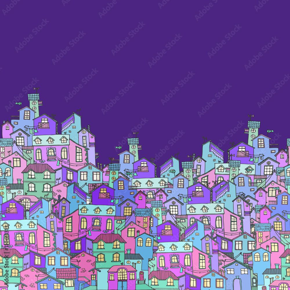 Hand-drawn background with colorful doodle houses.