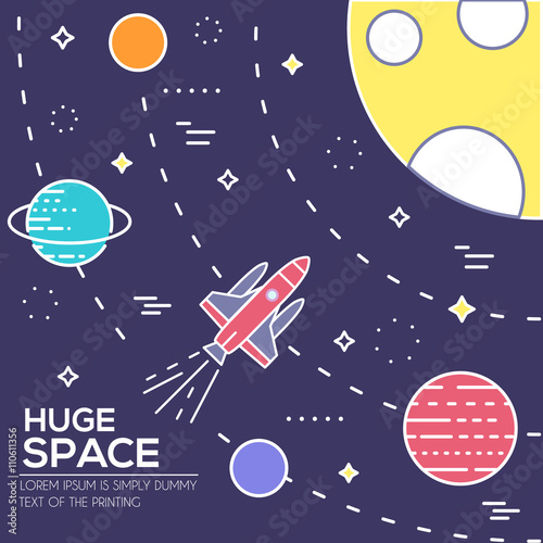 Outer space rocket flying flying to the moon background. Set of huge space infographic universe illustration. Vector thin lines icons stars in galaxy design 