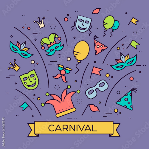 Celebration festival holiday party equipment thin lines illustrationss set. Vector masquerade carnival collection design illustrations concept photo