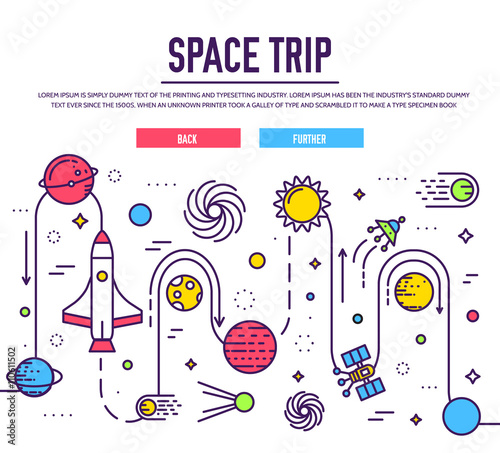 Outer space rocket flying flying to the moon background. Set of huge space infographic universe illustration. Vector thin lines icons stars in galaxy d