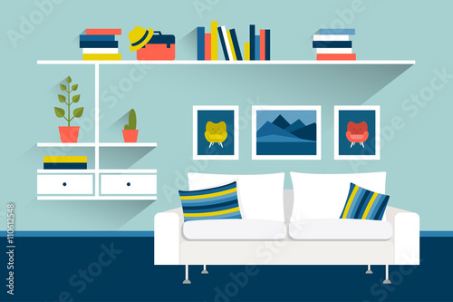Living room with sofa and book shelves. Flat design vector illustration.