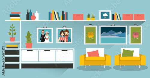 Living room with photo pictures and book shelves. Flat design vector illustration.
