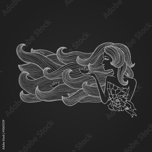 Hand-drawn woman with long hair like sea waves