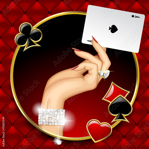Hand of woman with jewelry holding Ace playing card in the round