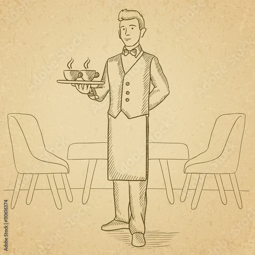 Waiter holding tray with beverages.