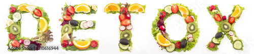 Word detox made of salad and fruits photo