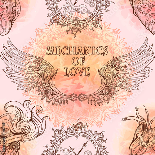 Seamless pattern of wings, heart and clockwork in steampunk styl